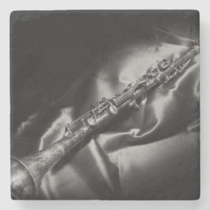 Antique clarinet still life, B&W Stone Coaster
