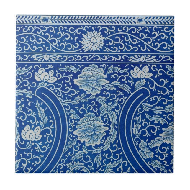 Antique Classic Chinese Floral Cobalt Blue Pattern Ceramic Tile (Front)