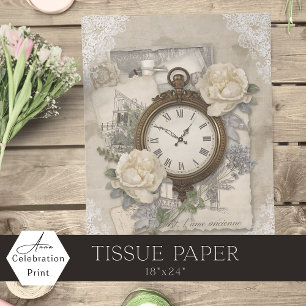 Antique Clock French Ivory Flowers & Vintage Lace Tissue Paper