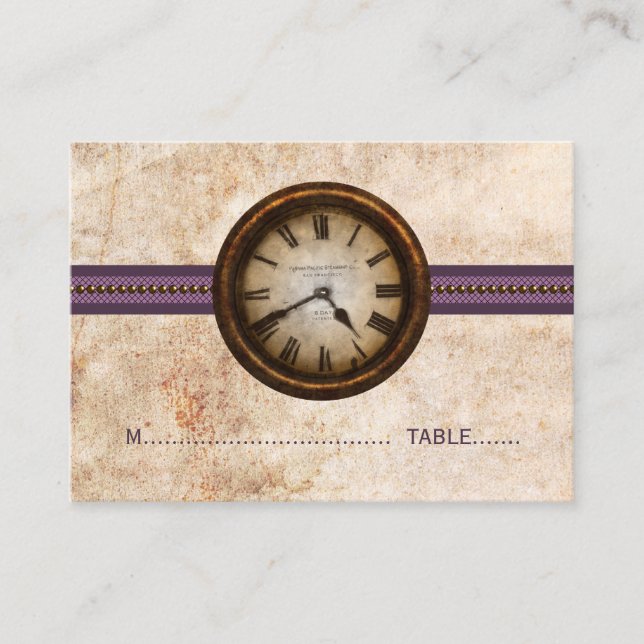 Antique Clock Place Card, Purple Card (Front)