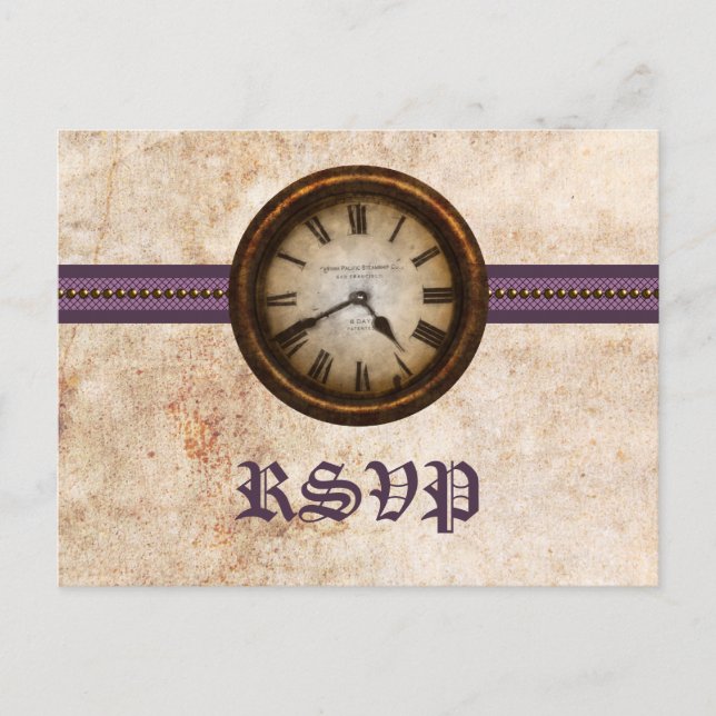 Antique Clock RSVP Postcard, Purple Invitation Postcard (Front)