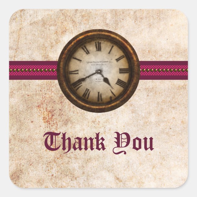 Antique Clock Thank You Stickers, Fuchsia Square Sticker (Front)