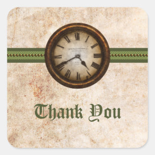 Antique Clock Thank You Stickers, Green Square Sticker