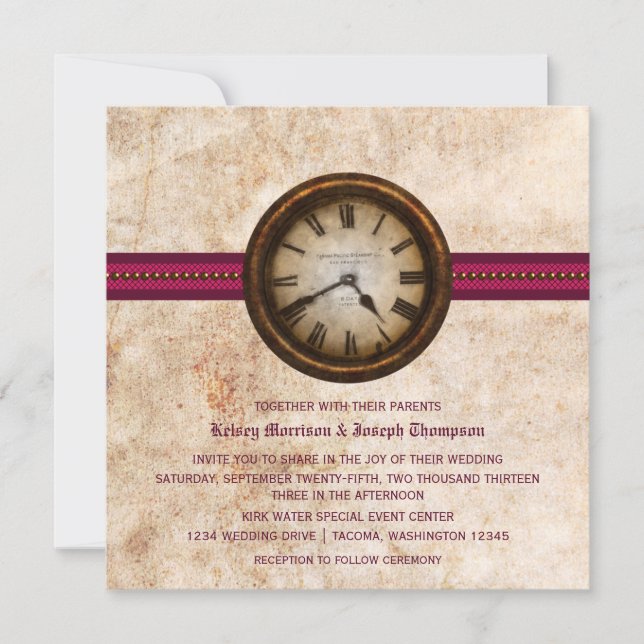 Antique Clock Wedding Invitation, Fuchsia Invitation (Front)