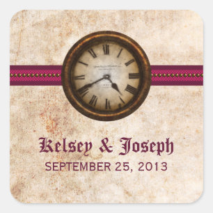 Antique Clock Wedding Stickers, Fuchsia Square Sticker
