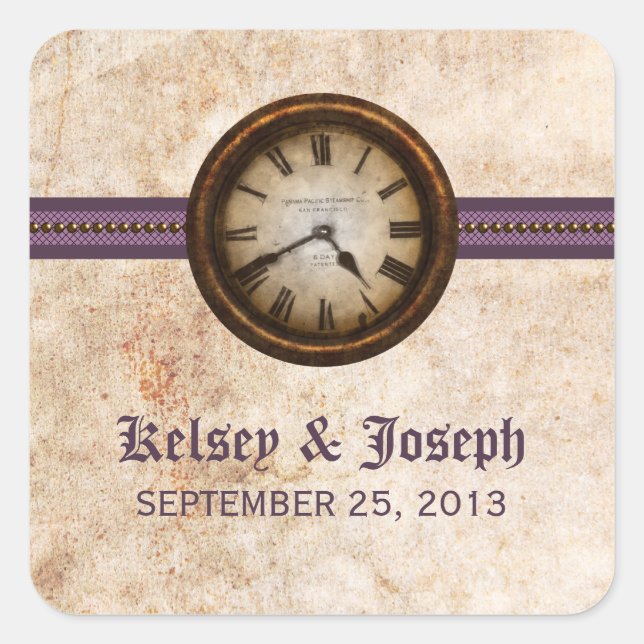 Antique Clock Wedding Stickers, Purple Square Sticker (Front)