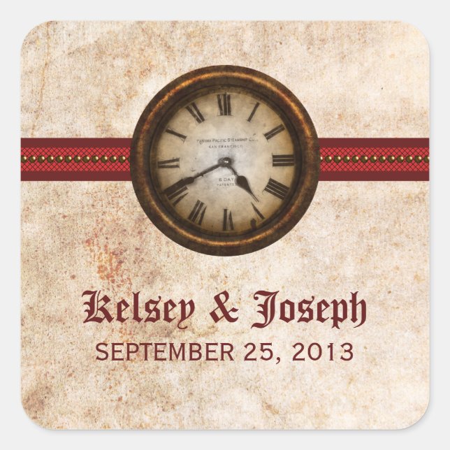 Antique Clock Wedding Stickers, Red Square Sticker (Front)