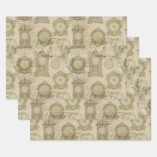 Antique Clocks and Owls Wrapping Paper Sheet