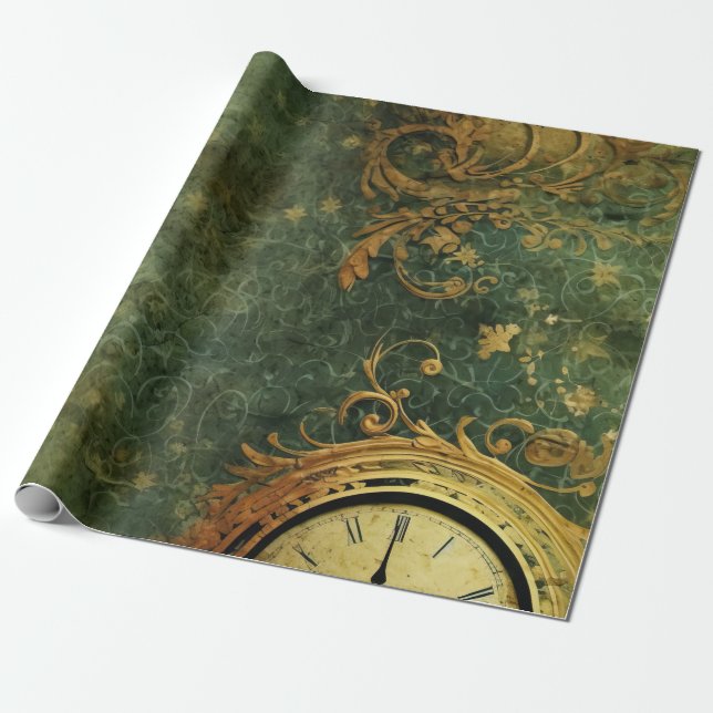 Antique Clockwork Emerald Green Steampunk Wrapping Paper (Unrolled)