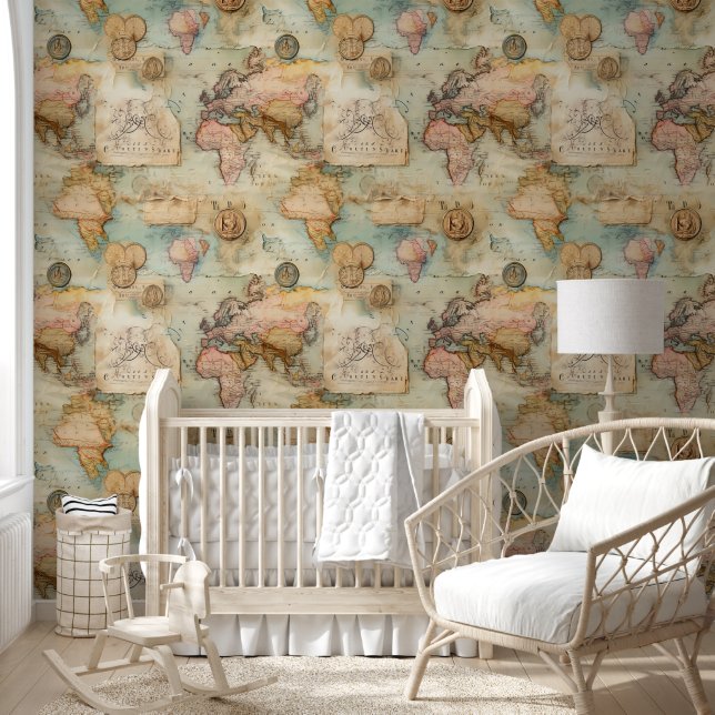 Antique collage map and coins Unique pattern Wallpaper (Kids)