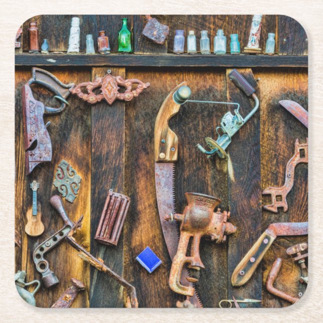 Antique collection on wall square paper coaster (Front)