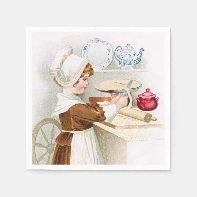 Antique Colonial Sweetheart Making a Pie Napkin (Front)