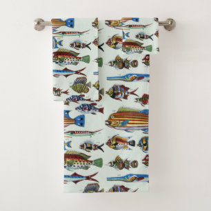 Antique Colorful Exotic Fish Natural History Print Bath Towel Set