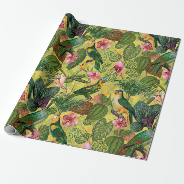 Antique Colorful Parrots Tropical Jungle Pattern 1 Wrapping Paper (Unrolled)