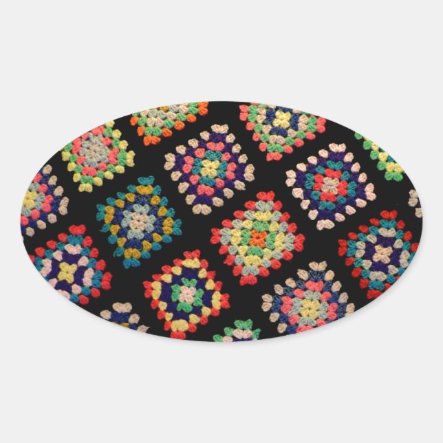 Antique Colourful Granny Squares Classic Pattern Oval Sticker (Front)
