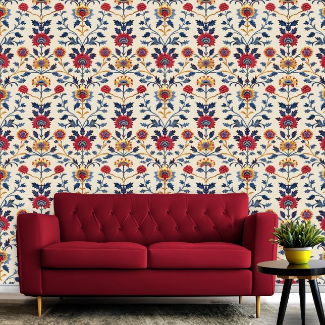 Antique Colourful Indian Floral Motif Pattern Room Wallpaper (Antique Colorful Indian Floral Motif Pattern Room Wallpaper)