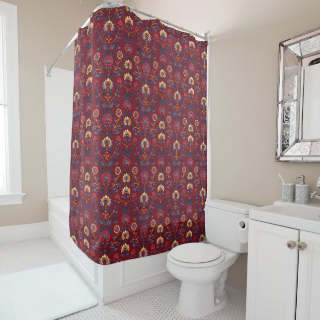 Antique Colourful Indian Floral Motif Pattern Shower Curtain (In Situ)