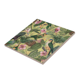 Antique Colourful Parrots Tropical Jungle Pattern Ceramic Tile