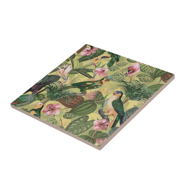 Antique Colourful Parrots Tropical Jungle Pattern Ceramic Tile (Side)