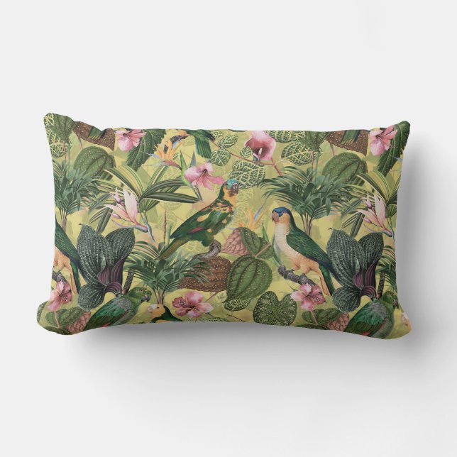 Antique Colourful Parrots Tropical Jungle Pattern Lumbar Cushion (Front)