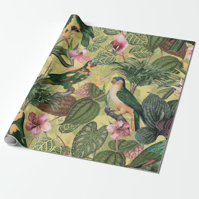 Antique Colourful Parrots Tropical Jungle Pattern Wrapping Paper (Unrolled)