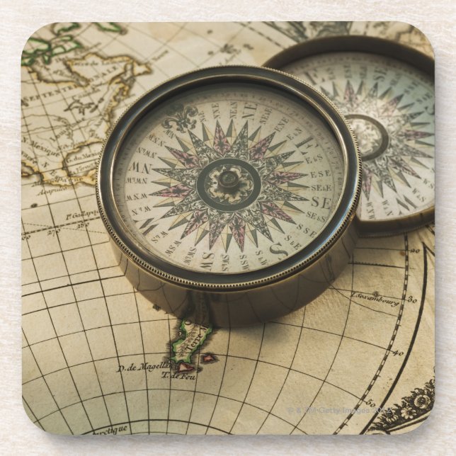 Antique compass on map coaster (Front)