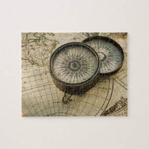 Antique compass on map jigsaw puzzle
