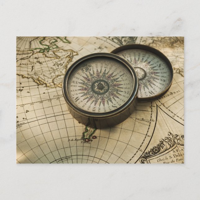 Antique compass on map postcard (Front)
