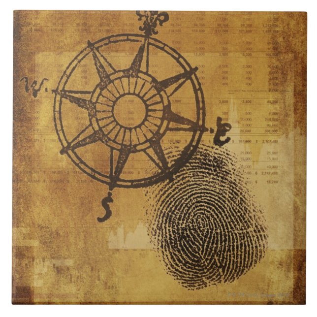 Antique compass rose with fingerprint ceramic tile (Front)