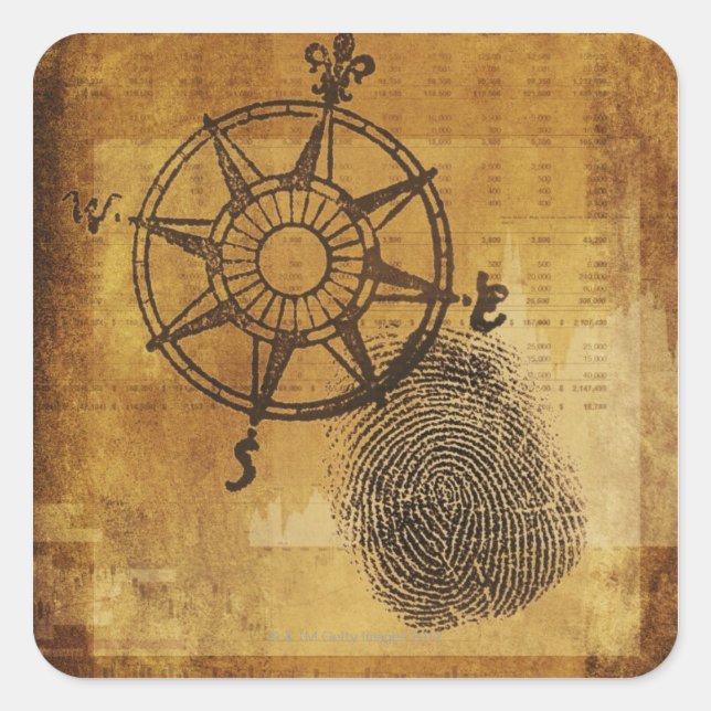 Antique compass rose with fingerprint square sticker (Front)