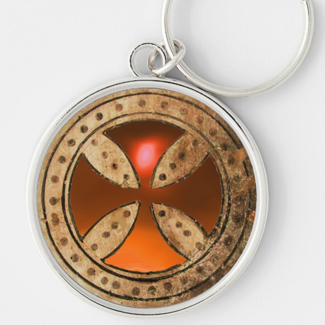 ANTIQUE CONSECRATION CROSS Orange Agate Gem Key Ring (Front)