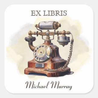 Antique Copper Telephone Bookplate Square Sticker