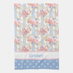 Antique Cottage Roses & Blue and White Hearts Tea Towel