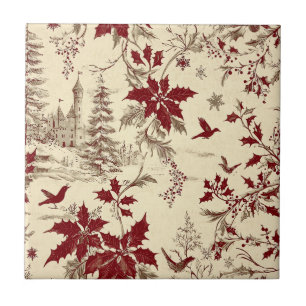 Antique Cream Burgundy Winter Birds Holly Floral Ceramic Tile