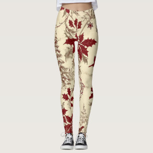 Antique Cream Burgundy Winter Birds Holly Floral Leggings