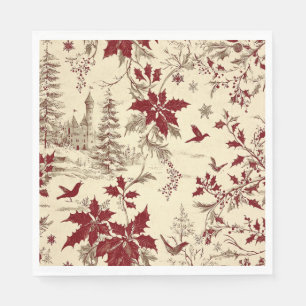 Antique Cream Burgundy Winter Birds Holly Floral Napkin