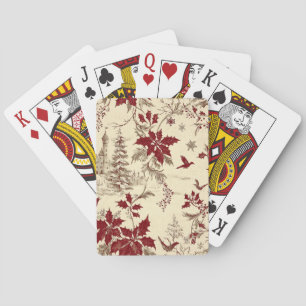 Antique Cream Burgundy Winter Birds Holly Floral Playing Cards