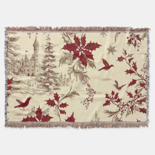Antique Cream Burgundy Winter Birds Holly Floral Throw Blanket