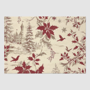 Antique Cream Burgundy Winter Birds Holly Floral Tissue Paper