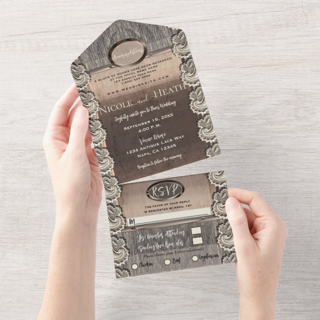 Antique Cream Lace Grey Wood & Copper Wedding   All In One Invitation (Tearaway)