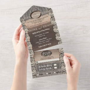 Antique Cream Lace Grey Wood & Copper Wedding   All In One Invitation
