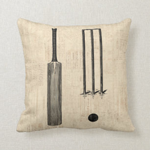 Antique Cricket Bat Vintage Illustrated Art Cushion