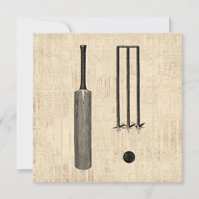 Antique Cricket Bat Vintage Illustrated Art Invitation (Front)