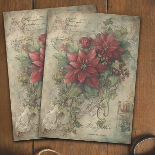 Antique Crimson Red Poinsettia and Ivy Decoupage  Tissue Paper
