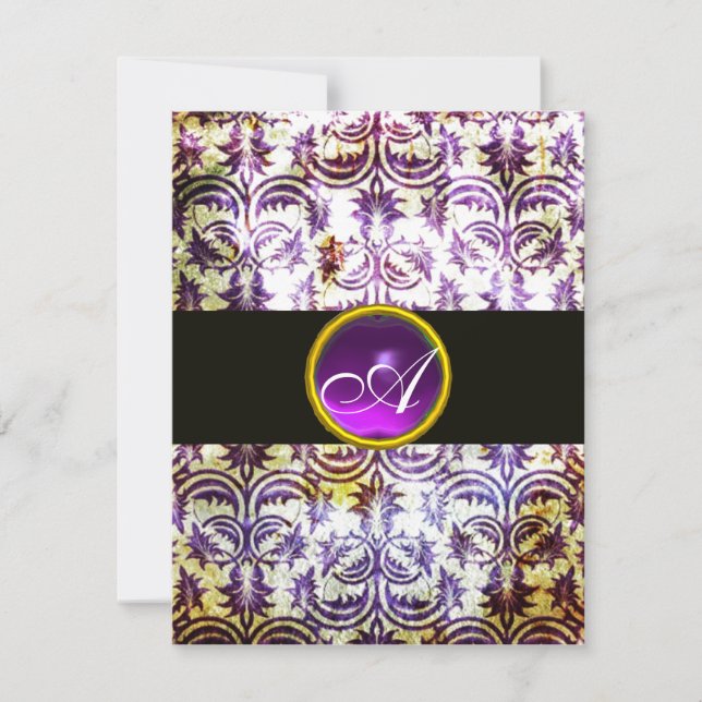 ANTIQUE DAMASK MONOGRAM,black purple, white Invitation (Front)