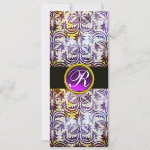 ANTIQUE DAMASK MONOGRAM,black white purple,gold Invitation