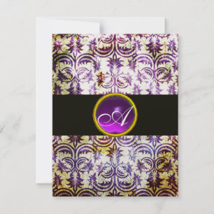 ANTIQUE DAMASK MONOGRAM,black white purple,gold Invitation
