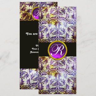 ANTIQUE DAMASK MONOGRAM,black white purple,silver Invitation