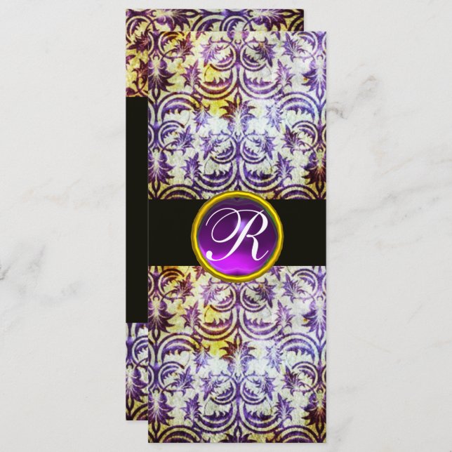 ANTIQUE DAMASK MONOGRAM,black white purple,silver Invitation (Front/Back)