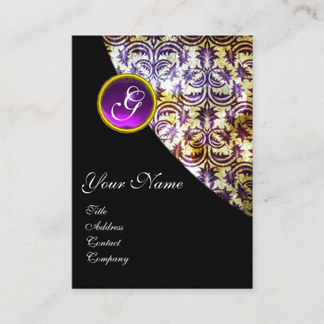 ANTIQUE DAMASK PURPLE AMETHYST MONOGRAM Black Business Card (Front)